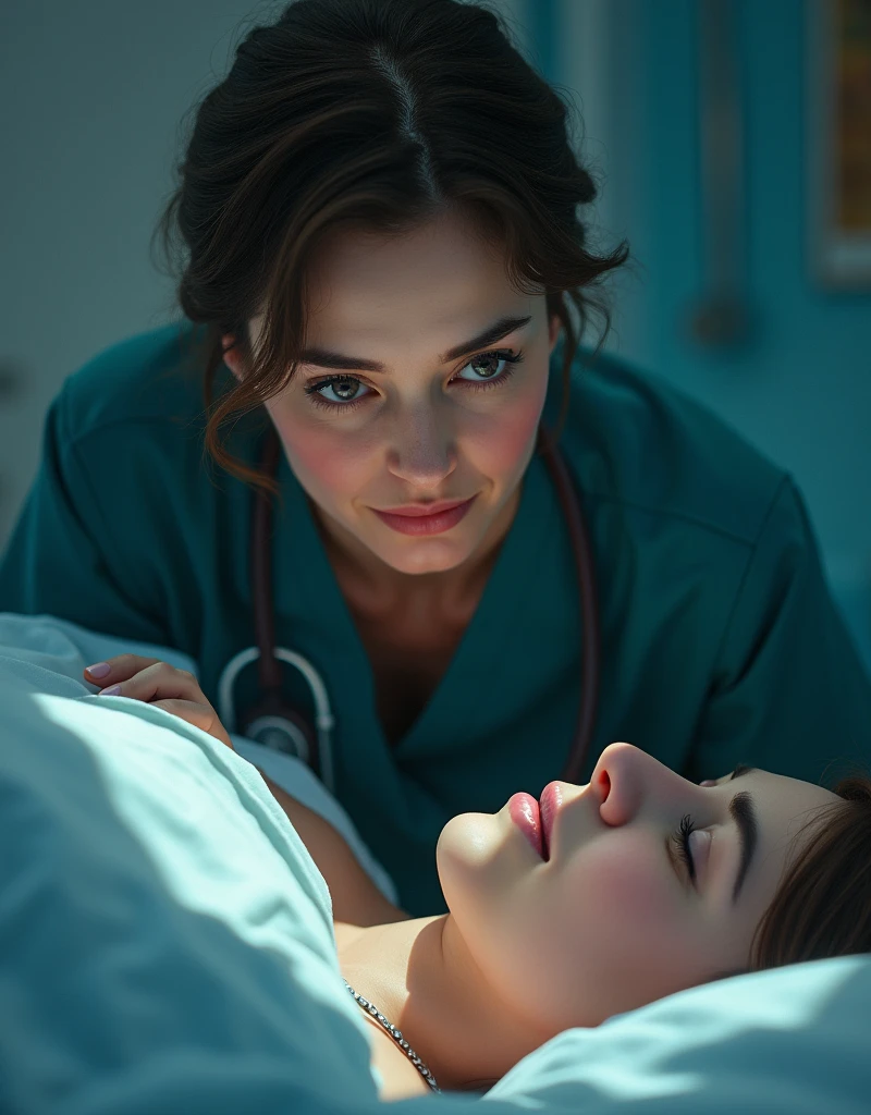 a beautiful nurse leaning over a patient's bed, watching them intently with a captivating smile, a genuine expression of care and devotion, shot from a high angle to emphasize her mature, skilled nursing presence, Her transparent, mesmerizing eyes conveying a sense of gentle severity, (best quality,4K,8K,high resolution,artwork:1.2),Ultra-detailed,(realistic,photorealistic,photorealistic:1.37),digital painting,chiaroscuro lighting,cinematic composition,dramatic lighting,intricate details,vibrant colors,elegant,sophisticated,serene,soothing