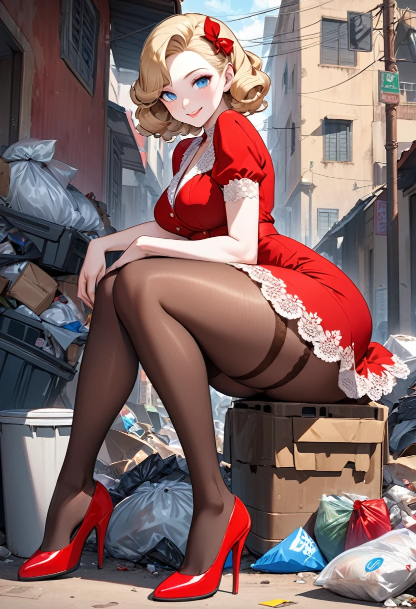 masterpiece,full body, small size head, Stunning elegant Blonde lady, 1940s hairstyle,pale skin, blue eyes, stunning, smile face, Brown stockings, she wear lace red dress, red stilettos , jewels,thick calves, super thick legs , super big ass. She is sitting on garbage crossing her legs in poor african Town that there are a Lot of garbage.