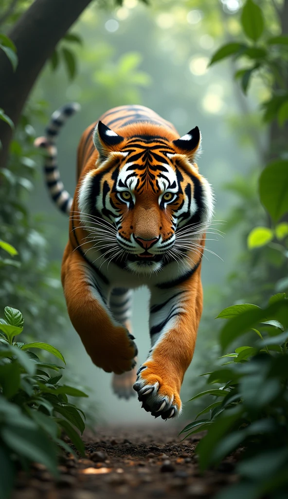 Ultrarealistic 8k Image, "A fast moving tiger, jumping between the vegetation of a verdant jungle, with focus and determination. His fierce expression shows his search for opportunities and achievements.."