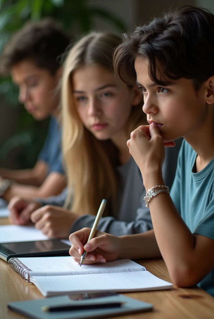 Take several real images of a young person or young people on the notebook on the table, taking notes preparing for an online interview portrait format