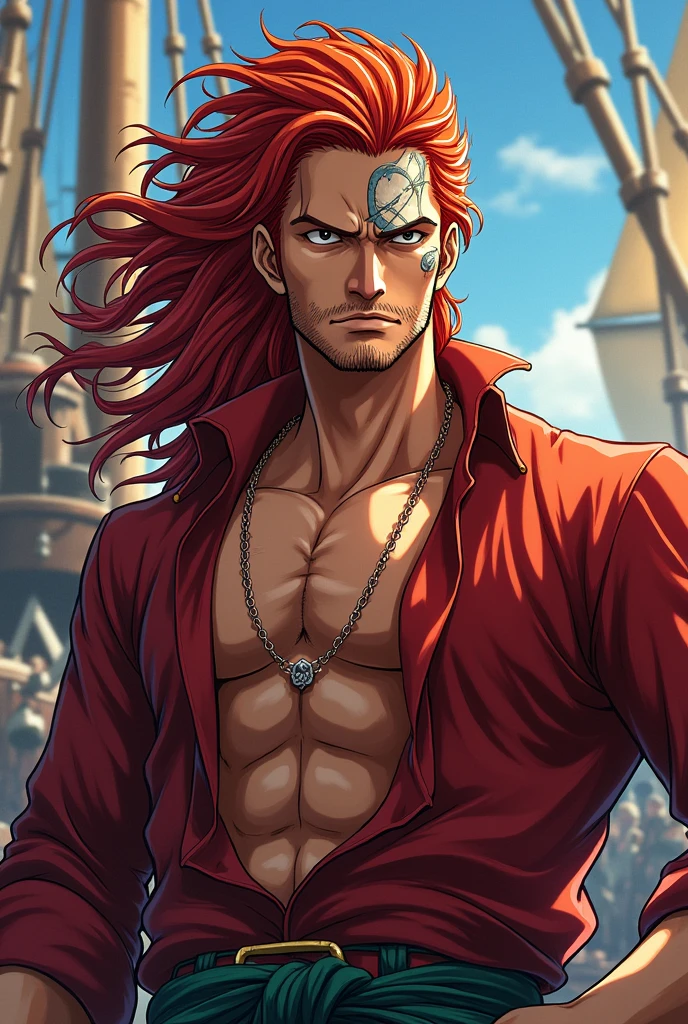 I want you to make a man like Shanks, but very different to the point that no one recognizes that it's Shanks, like Shanks' brother, more in the anime style of One Piece. more anime style