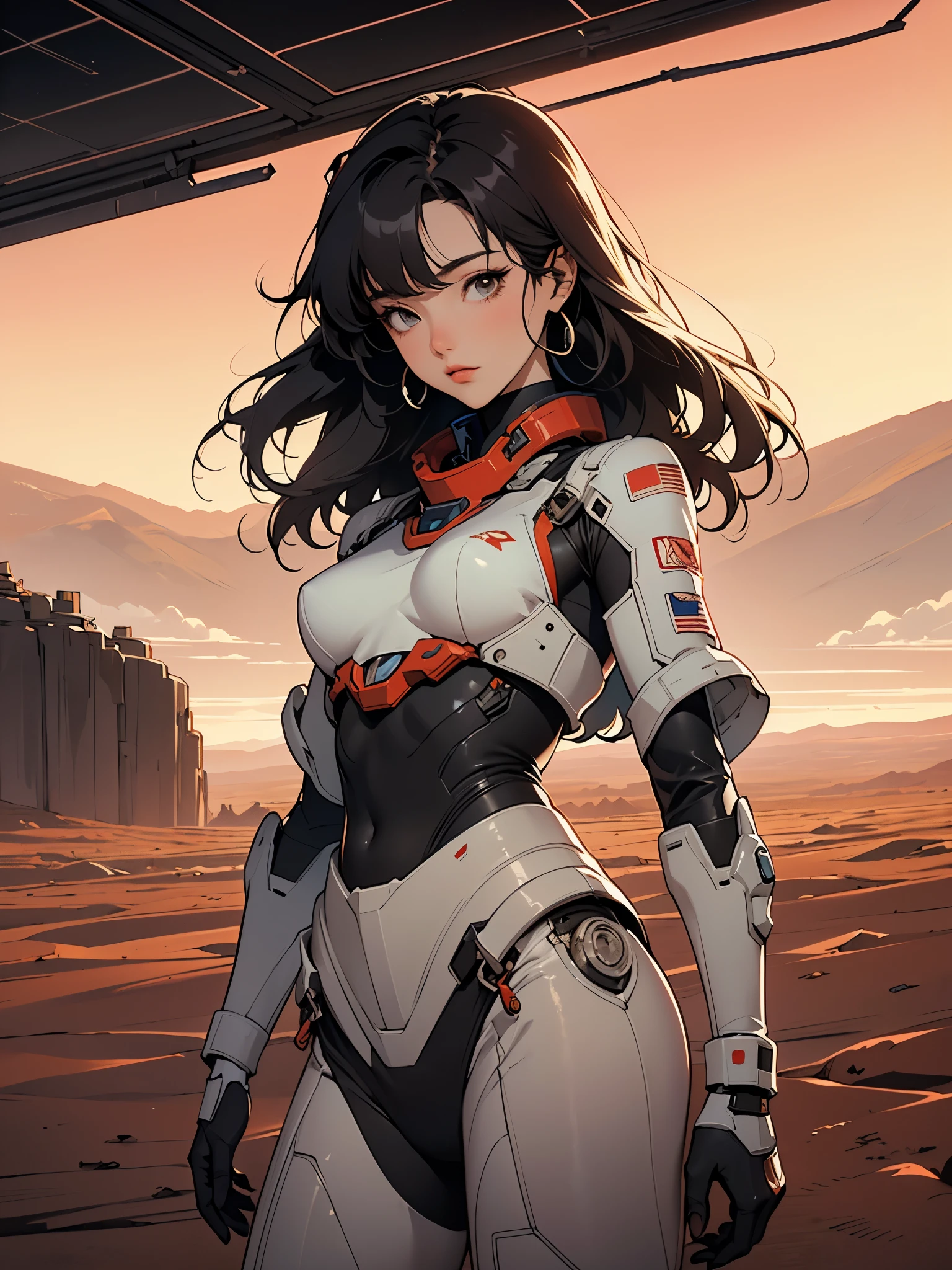 (obra de arte, melhor qualidade, Ultra-detalhado:1.3), mechgirl. The mars rover opportunity reimagined as an attractive anime woman, in mars, desert, dust. solar panels. "hybrid human-rover" mechgirl, ground view