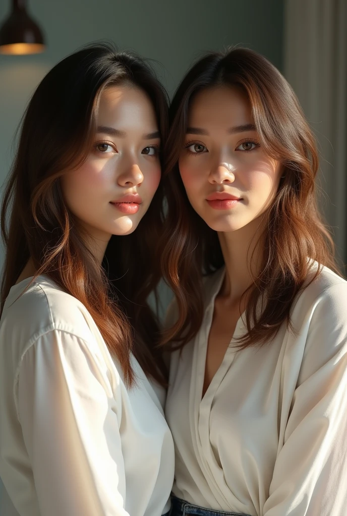 
"Create an ultra-realistic portrait of a 2 woman with a natural expression. She has medium-length brown hair, light makeup, and wears casual clothing like a simple white blouse and jeans. The background is a softly lit, blurred indoor environment, focusing on the subject's face and upper body, capturing the fine details of her skin texture, hair strands, and subtle lighting effects."