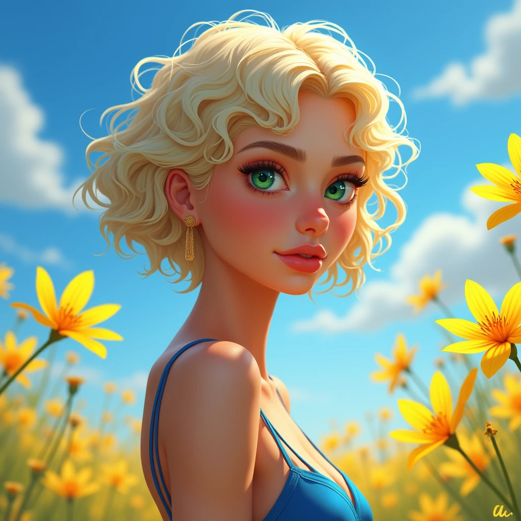 a beautiful ukrainian woman with blonde short curly hair, green years, animated, realistic, cartoon face, elegant and confident, digital art masterpiece, vibrant colors of blue and yellow, blue skys, freedom, nature, ukrainian flag, ukrainian flowers, best quality,4k,masterpiece,studio lighting,ultra-fine painting,sharp focus,professional,vivid colors,trending