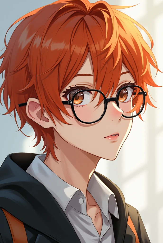 2 anime version boy, dark orange and semi-long hair, delgado, White skin, light brown eyes, wear contact lenses or computer glasses