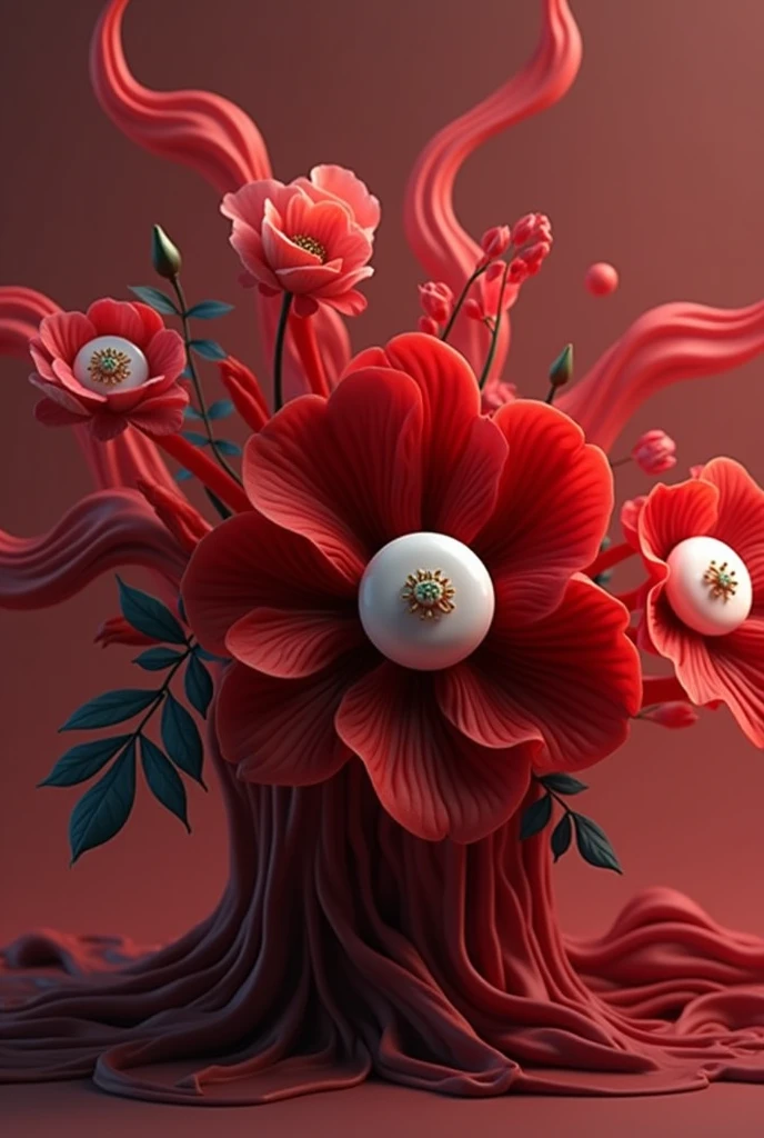 there is a red flower with a white button on it, digital art by Android Jones, trending on pexels, hyperrealism, red color theme, red theme, celestial red flowers vibe, vibrant red colors, red flower, rich red colors, red color bleed, very red colors, abstract 3 d artwork, red fluid, flowing realistic fabric