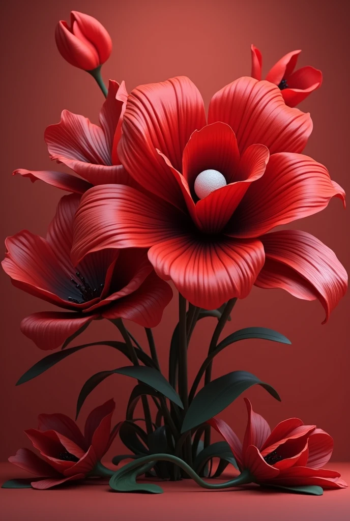 there is a red flower with a white button on it, digital art by Android Jones, trending on pexels, hyperrealism, red color theme, red theme, celestial red flowers vibe, vibrant red colors, red flower, rich red colors, red color bleed, very red colors, abstract 3 d artwork, red fluid, flowing realistic fabric