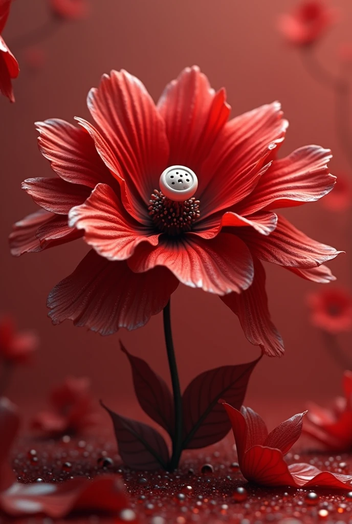 there is a red flower with a white button on it, digital art by Android Jones, trending on pexels, hyperrealism, red color theme, red theme, celestial red flowers vibe, vibrant red colors, red flower, rich red colors, red color bleed, very red colors, abstract 3 d artwork, red fluid, flowing realistic fabric