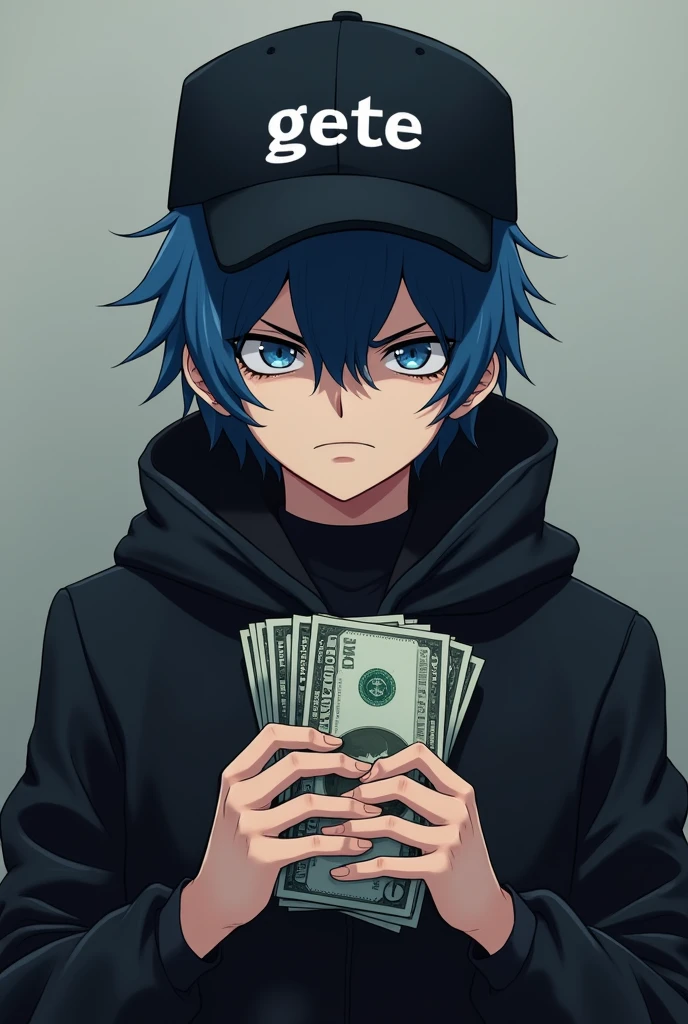 Create a male anime style character with blue hair wearing a cap with the word GETE written on it and wearing black clothes. , holding money and looking sad