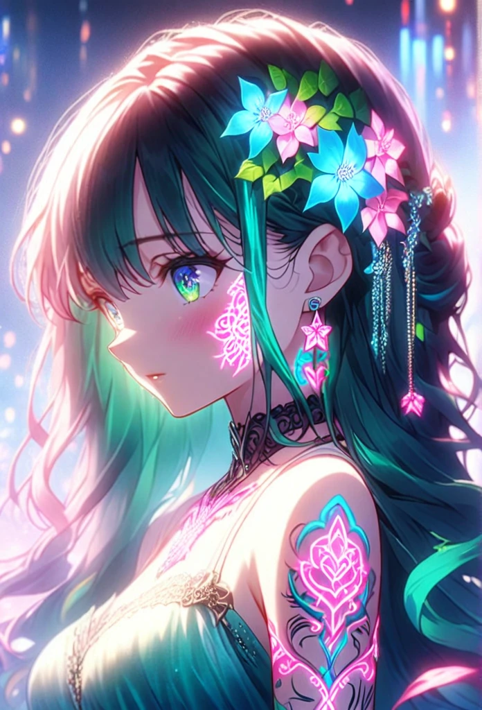 Nsfw,Anime Screenshots、 Artistic anime illustration of a woman adorned with glowing neon flower and ivy tattoos on her face。 The tattoo on her arm is a mix of pink and green.、It emits a neon light。 She has long, flowing hair.、、 This scene has a dreamy soft focus effect.、 It emphasizes the dreamy glow of the tattoo.、Back of hand,