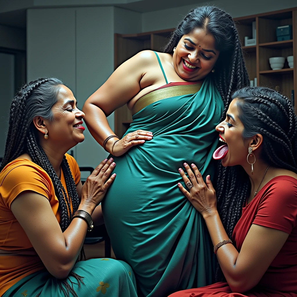 In india modern office,total 3 india eldery ladies involving and licking their hairs of each others wildly,First 60 years old eldery indian lady kneeled with her oil smeared conrowed braided hair wears saree with out blouse,Second 60 years old lady from behind to kneeled lady with her oil smeared conrow braided hair wildy raping kneeled lady' head scalp with her tongue wearing wrap saree revealing her upper saggy breast exposed, Third 60 years old eldery with her cean scalp super conrow braided hair raping kneeled lady' scalp exposing one single breast revealing ,these three ladies are with dress in as per detsiled prompt here,all four of them,with their hairs respectively colors for the marure ladies and eldery lady hairs in as per image prompt,their long,meticulaiursly suler conrowed braided hairs shining ,red lipsstick,natural tongues pulled out,licking the eldery lady' hair by  other eldery with conrowed hairs like she is being raped excat in image,These all three ladies' faces are with showing full of sexual wildness showing out from their faces exact as in image prompt,Their eyes are fullfill with sexual wildness with raping scalp as per the imahe prompt,(Show me their tongues,long tongues:1.0) styled with 100000 liters hair oil,hairs like viscus oiled pulp,slick combed hair lines highly visible,{{{{Ladies wears perfect dresses in perfectt busty}}}},{{{{{NSFW}}}}},{{{{{{Hairs highly soaked}}}}}},{{{Hairs Drenched in water}}}}},{{{slick combed hair lines}}}},{{{{Hairlines reflecting shinning like mirrors with water}},{{{{{Showcase full bodies perfect figures}}}}},{{{{{High resolution perfecr color grading}}}}}},{{{Perfect conrowed on all three ladies exactly in image prompt}}}}}}},((((((Generate ethnicity as indian sexy build ladies))))))),((((((Generate wildness poses where shows the wildness maturity of the sexually wildness and extremly extremly wildness in to hair licking by their tongues exatly as image prompt if someone sees this should get errected)))),