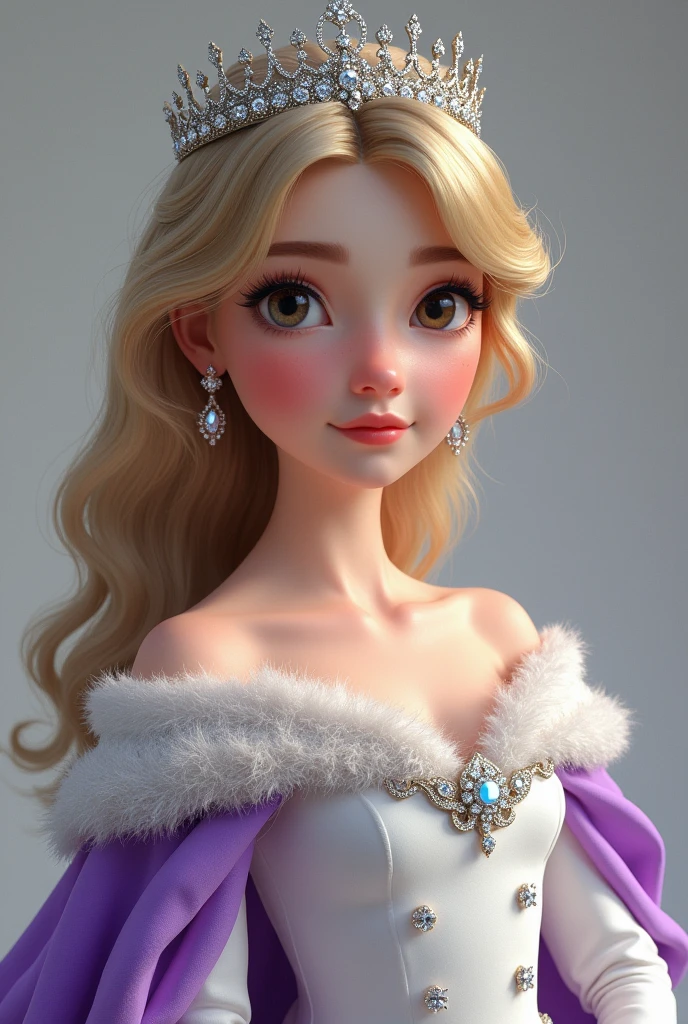 I am a short princess, I am wearing a white dress with purple color, white skin color, blonde hair, black eyebrows, I am wearing a silver crown, the dress has diamonds