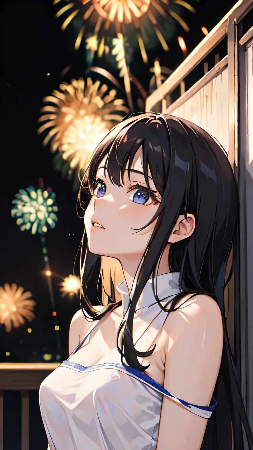 ((best quality)), ((masterpiece)), (detailed), 1girl, sexly,Almond Eye,night,Fireworks bursting high in the sky,Captivated by the brilliance of the moment, Your smile lights up the night, **Shining bright, lighting up the night** ,I hope it lasts forever