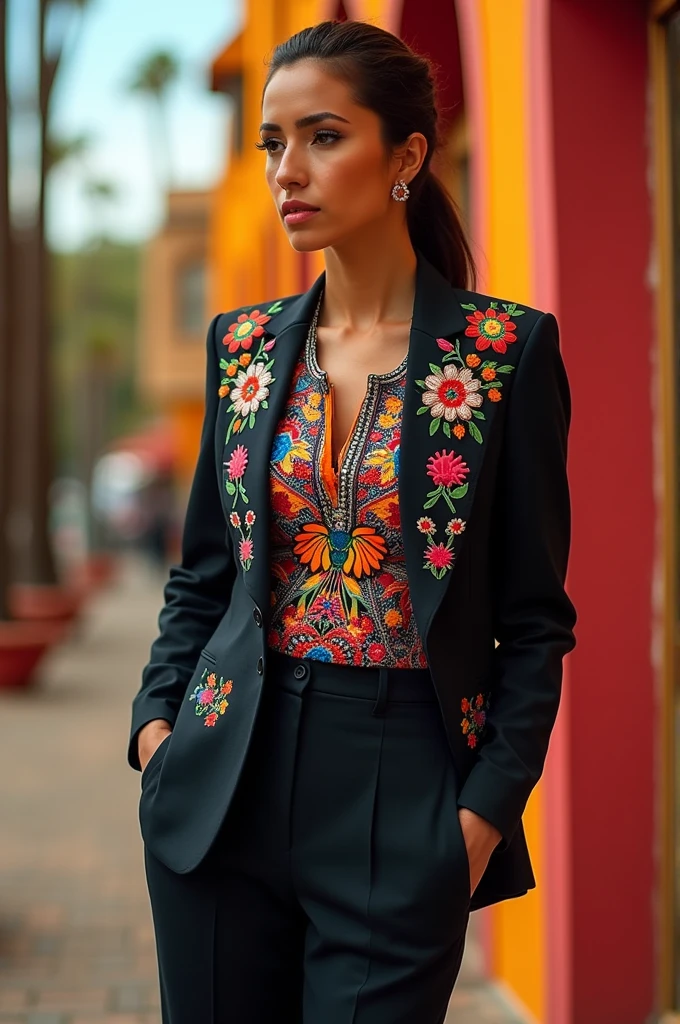 Create a pantsuit with Mexican embroidery on top
