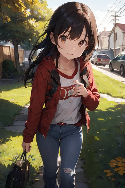 1 female, , as a child, girl, small chest, small legs, red jacket, jeans, brown long hair, light brown eyes, sunshine sky, grass