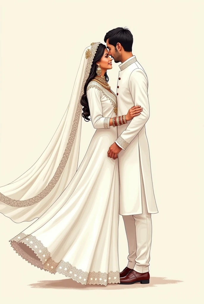 Pakistani Bride in white sharara shirt duppata and heavy jewellry and groom in white shalwar kameez waistcoat. Bride twilling in front of groom illustration bride and groom faces without features illustration of back of bride and groom