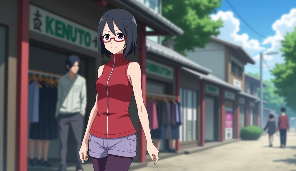 Sarada, a female character in the Boruto anime, is walking and sees a clothing store (Sarada is depicted as a character who has black irises, short neck-length hair with a side-parted hairstyle and bangs that are set aside, wearing rectangular red glasses, wearing a Konoha village symbol headband, wearing a red outfit with a collar that covers the neck and a zipper in the middle of her shirt from top to bottom that are sleeveless, wearing lilac shorts above the knee, with dark purple stockings to the knees, and wearing black ninja shoes)