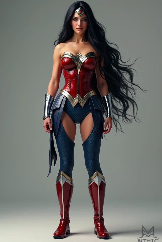 A beautiful woman with long black hair under the mantle of the Amazon warrior Wonder Woman in a navy blue leather suit that covers her entire body with tiny scales all over the suit Red Wonder Woman corset diaema in silver colored metal Silver colored metal bracelets Red boots fitted to the suit (((without cape)))