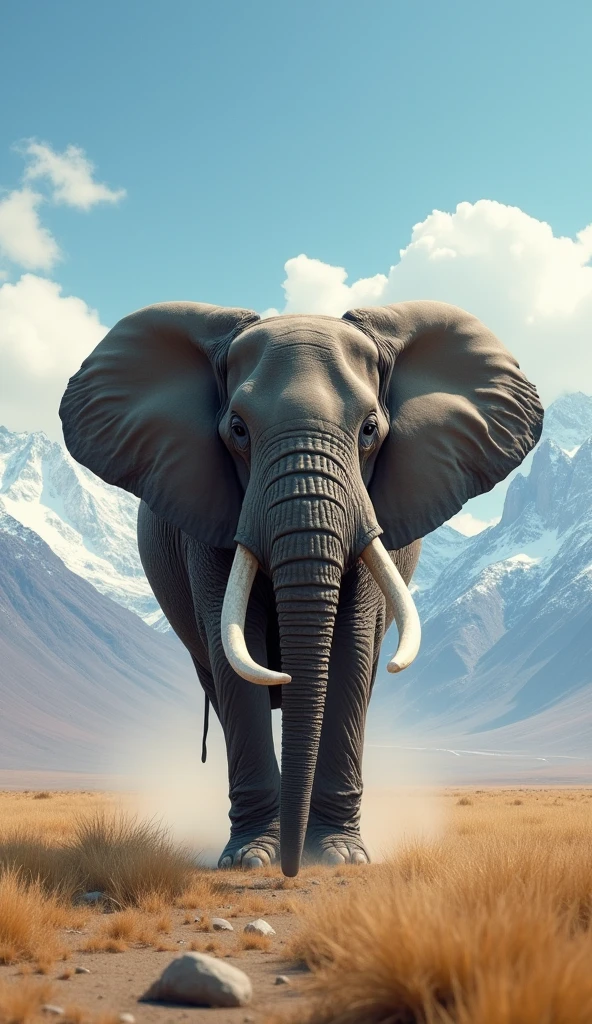 Ultrarealistic 8k Image, "A giant elephant walking calmly across an open expanse, with mountains in the background, Under a clear blue sky. The scene evokes patience and steady progress, regardless of the pace."