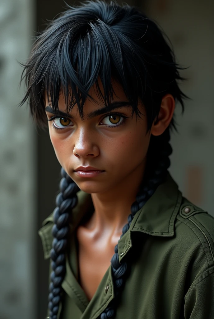 Create a dark-haired ager, with dark skin, serious and intimidating. He is athletic, He has high cheekbones and wears a military shirt.. Her hair is braided.. Her eyes are hazel in color. (Make it look realistic)