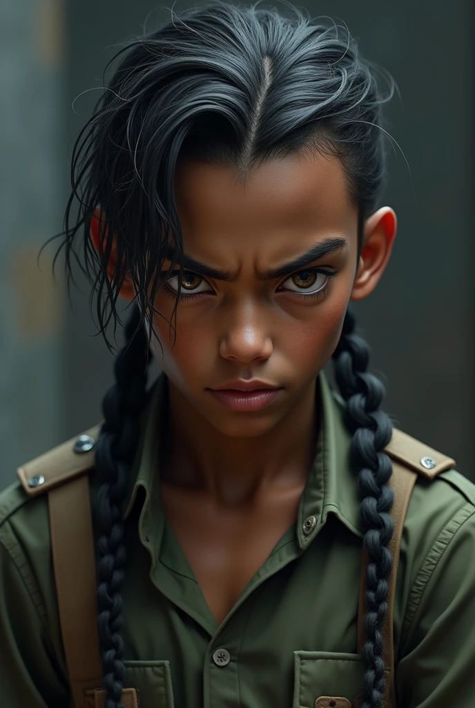 Create a dark-haired teenager, with dark skin, serious and intimidating. He is athletic, He has high cheekbones and wears a military shirt.. Her hair is braided.. Her eyes are hazel in color. (Make it look realistic)