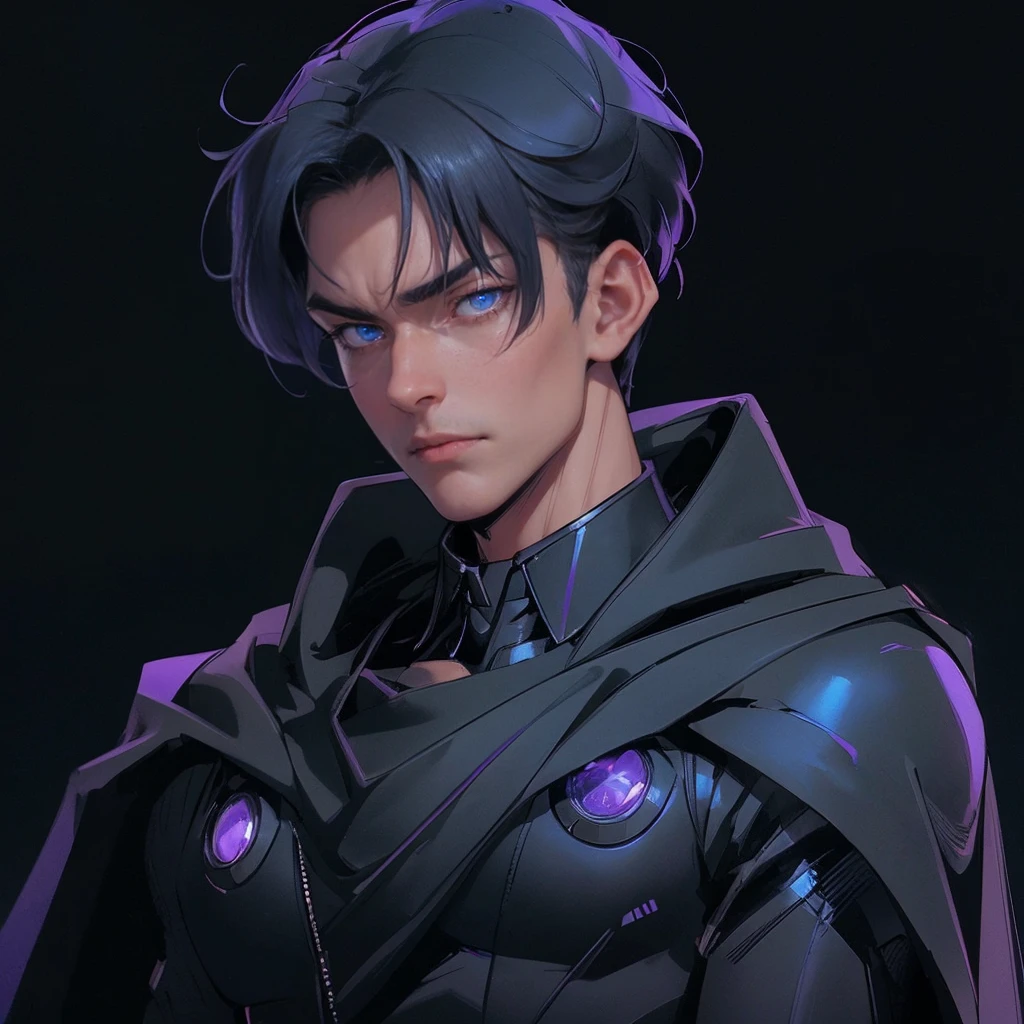 envision a 8k, highres, cinematic close up portrait of an Short man with a strong face, sleek skinny body, clean shaved, with short slick black hair, and dark blue eyes wearing a black superhero suit with purple lights and metallic attachments and a long cape that is in the shape of the moon against a dark gray background