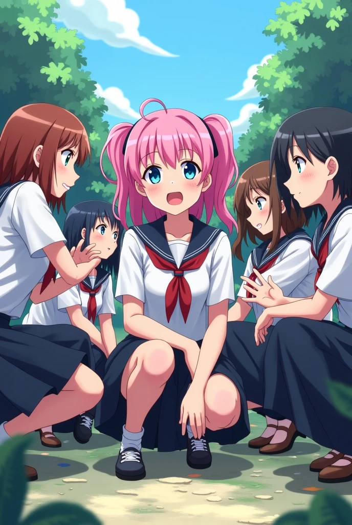 A group of high school girls in black skirts squatting in an anime、,Girl with pink hair、blue eyes、Twin Drill