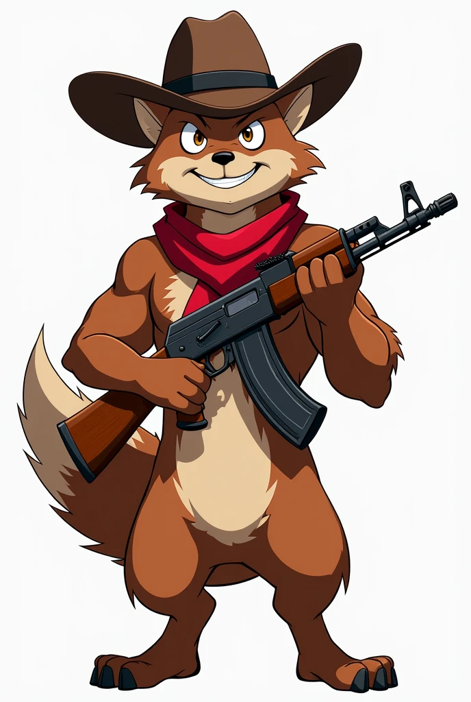 animé, Fosa (cryptoprocta Ferox) de madagascar, cow-boy, Pupille marron, Yeux blanc, Foulard rouge, Ak47 à la main, chapeau marron, sourire stylé, poil marron, pose badass, 1m80cm