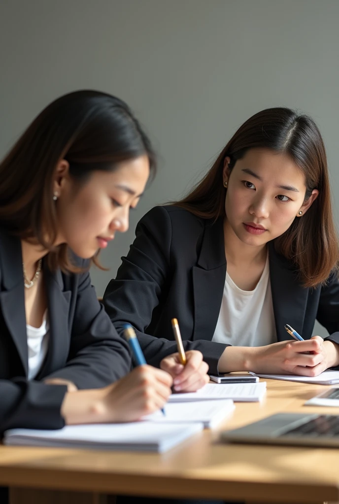 Make several real images of adults/ young people or young people on the notebook at the table, taking notes preparing for an online interview portrait format 