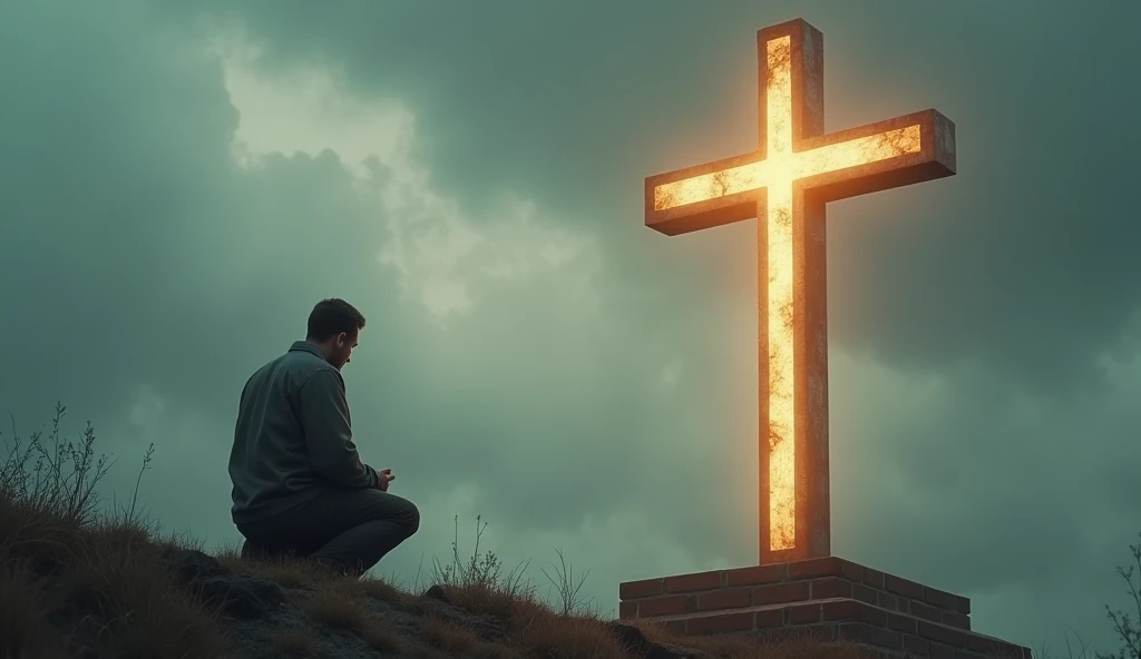 a man praying in middle a hyper realistic cross approximently 8 feet tall, mounted on solid brick that is unmoveable, the background shows a cloudy day on a hill. The cross has bright hyper realistic angelic highlights on it