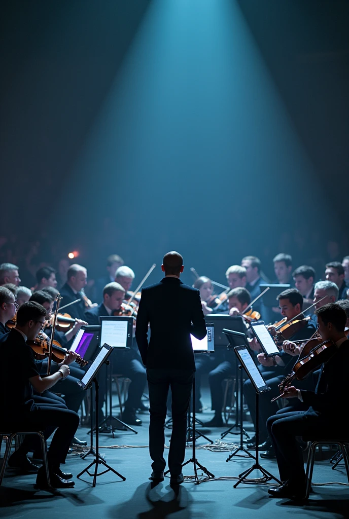 Create an orchestra, where violinists and cellists are cell phones, only the conductor is a human being That is to say: Cell phone orchestra, violinists and cellists are cell phones and the conductor is a human being (the instruments will be the same, only people who will turn the cell phone)