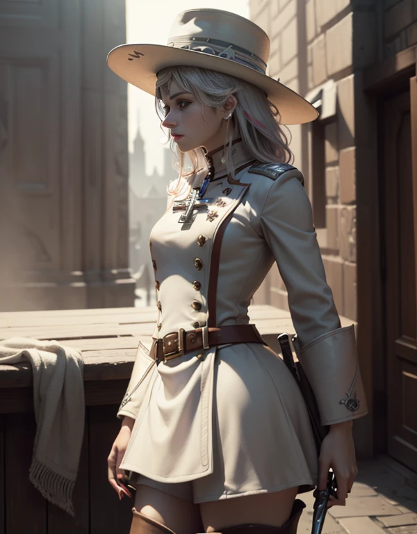 photo of celebrity, RAW, beautiful woman, ((portrait)), ((detailed face, colorful rainbow hair:1.2)), ((detailed facial feature, detailed skin, clear skin, parted lips), (perfect proportioned body, medium breasts, side boob), (wearing palace musketeer white uniform、gothic intricate pattern、cavalry white hat、mark of the cross、long boots: 1.5)), (high detailed gothic buildings in the background: 1.3), (side profile, realistic photo, best quality, detailed), (8k wallpaper), (cinematic lighting, dramatic lighting) (sharp focus, intricate)