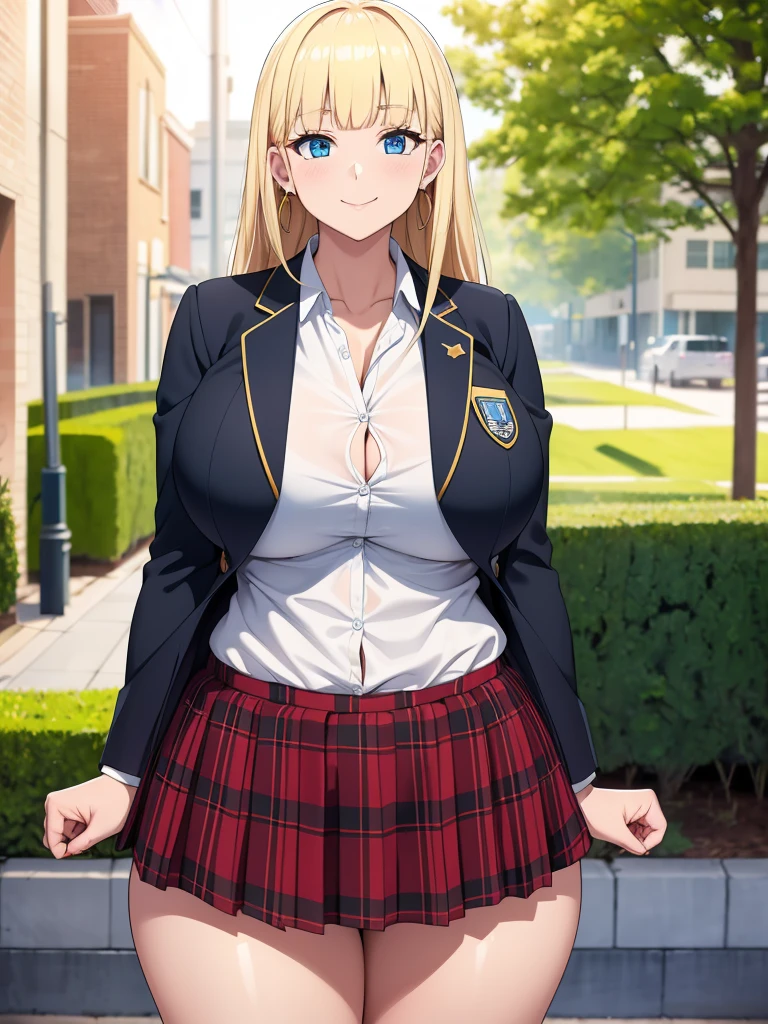 (best quality,4k,8k,highres,masterpiece:1.2), ultra-detailed, UHD, studio lighting, ultra-fine painting,sharp focus, physically-based rendering, extreme detail description, professional, vivid colors, bokeh, sexy woman, huge breasts, large breasts, curvy, voluptuous, blonde hair (straight bangs), sky-blue eyes, long hair, high school uniform, plaid skirt, earrings, smile, standing, solo focus, high school, outdoors