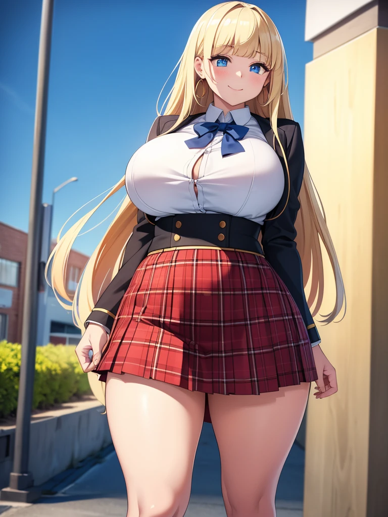 (best quality,4k,8k,highres,masterpiece:1.2), ultra-detailed, UHD, studio lighting, ultra-fine painting,sharp focus, physically-based rendering, extreme detail description, professional, vivid colors, bokeh, sexy woman, huge breasts, large breasts, curvy, voluptuous, blonde hair (straight bangs), sky-blue eyes, long hair, high school uniform, plaid skirt, earrings, smile, standing, solo focus, high school, outdoors