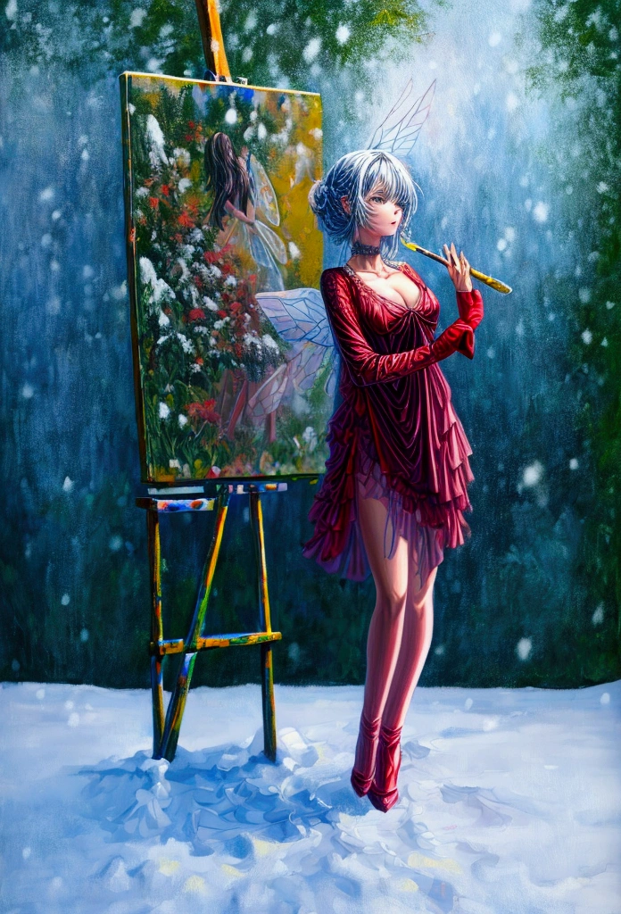 (oil painting art: 1.5) a most beautiful fairy playing in the snow, a beautiful fairy, ((full body shot: 1.5)), (best detailed face: 1.3), spread butterfly wings, dynamic hair color, dynamic hair style, busty, wearing red silk dress, intricate silk, wearing high heels boots, she is playing the snow, fresh snow in the forest, high snow, wide shot, High Detail, Ultra High Quality, High Resolution, 16K Resolution, Ultra HD Pictures, Ultra Realistic, Clear Details, Realistic Detail, Ultra High Definition