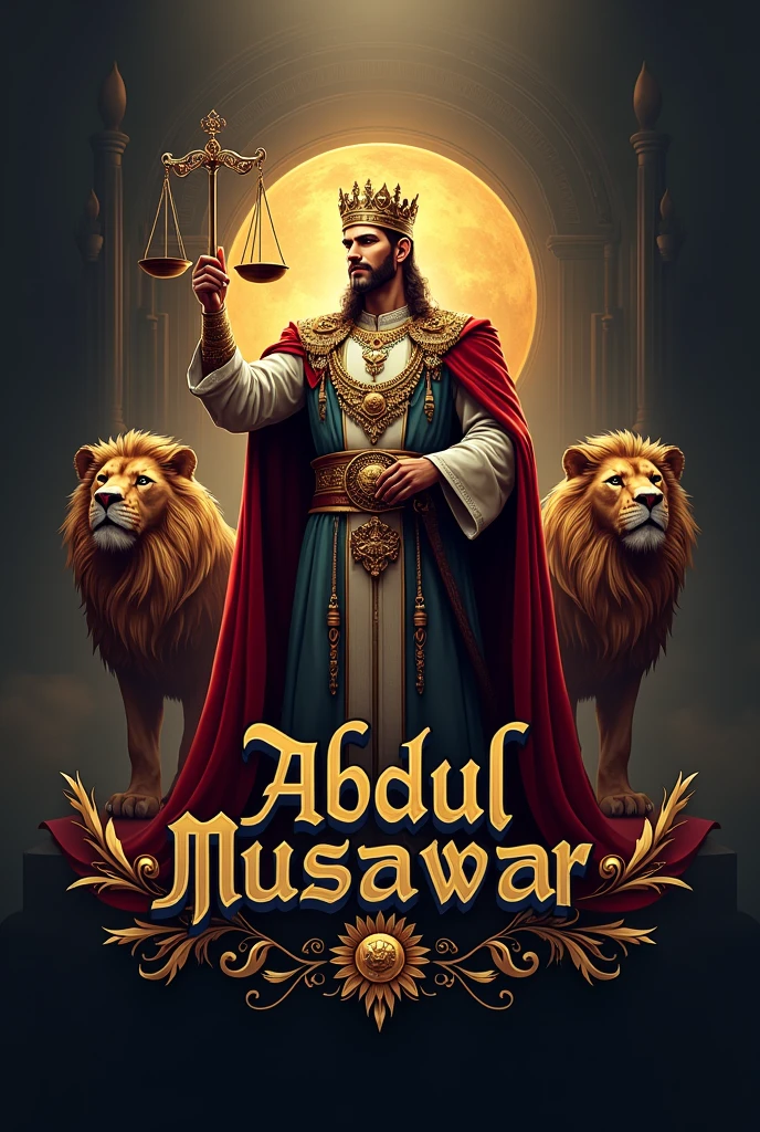 mujhy ek logo chahiye jis mein ek admi ho Jo King hai us ke hath mein ek tarazi honi chahiye or us ke dono taraf sher hone chahiye or us ki tarazi ke sath sath mera naam bhi likha hona chahiye mera naam hai (Abdul Musawar)