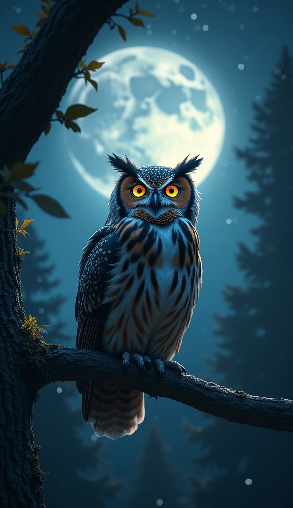 Ultrarealistic 8k Image, "A wise owl perched in a tree during a starry night, your eyes shining in the darkness. The full moon illuminates the background, symbolizing the search for wisdom even in the most difficult times."

