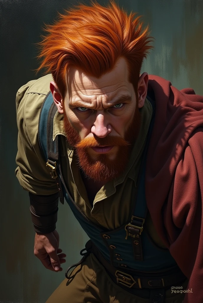 A rebellious 1 redheaded man with an arrogant expression, medieval fantasy portrait, dramatic lighting, intense gaze, detailed facial features, high contrasting colors, oil painting, dynamic pose, rugged clothing, moody atmosphere, cinematic composition, masterpiece, ultra-detailed, realistic, high resolution