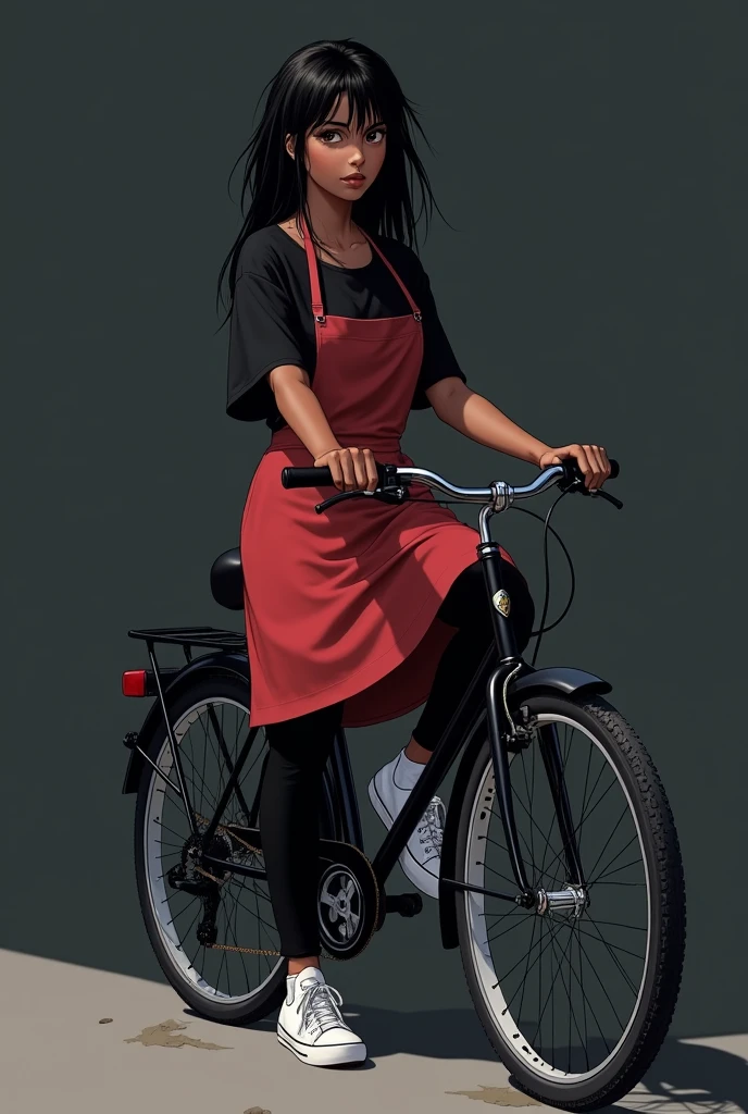 "An anime style girl, about 20 years old, with dark skin and a somewhat robust complexion, having masculine features. Her hair is long, Black and messy, with brown pupils and noticeable dark circles. He wears a black shirt, a red apron, black pants and white tennis shoes. On a black bike posing for a photo."
