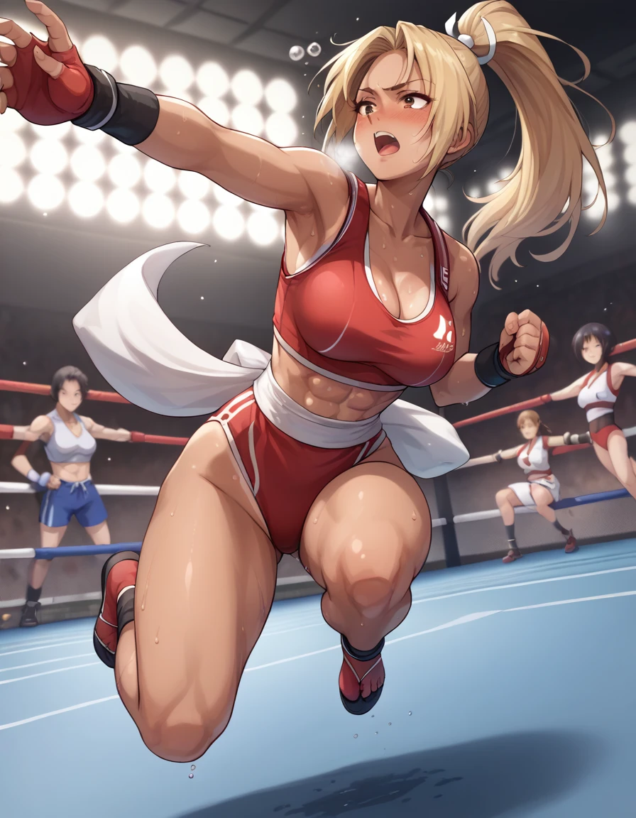 Crotch bite、Digging into the crotch、,((blonde hair, tanned, ))、wet legs、Ponytail Mai Shiranui, 、、Escape to, score_9, score_8_upper, score_7_upper, score_6_upper, score_5_upper, score_4_upper、Inspired by Japanese manga style, Manga style, How to draw manga, Digital drawing, An 8K masterpiece depicting a Japanese manga about girls in their twenties, Act as a slave,, . , shortness of breath, , close your eyes, , Sweaty. . My open fingers are rough. whole body. . Six Pack Abs. . information. Surrounded by a crowd.full body、drunk、,,,,,,,,,One beautiful girl wrestler , red sports bra, red short spats, black wrestling shoes)

A beautiful girl pro-wrestler is in the ring and is performing a dropkick on her opponent. The opposing female wrestler is blown away by the flying kick.