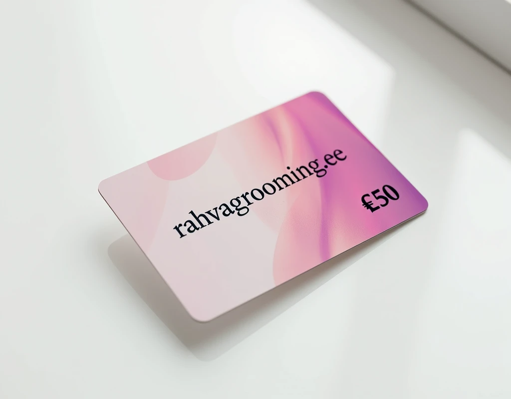a high quality photograph, a grooming salon gift card lying on a white table, top view, plastic card with bright design and text: "Rahvagrooming.ee", "€20". detailed, photorealistic, 8k, high resolution, professional studio lighting, vibrant colors, smooth textures, sharp focus, intricate details, elegant design, minimalist style, soft shadows, natural reflections, clean and organized composition