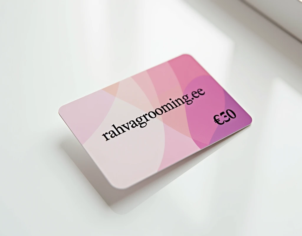 a high quality photograph, a grooming salon gift card lying on a white table, top view, plastic card with bright design and text: "Rahvagrooming.ee", "€20". detailed, photorealistic, 8k, high resolution, professional studio lighting, vibrant colors, smooth textures, sharp focus, intricate details, elegant design, minimalist style, soft shadows, natural reflections, clean and organized composition