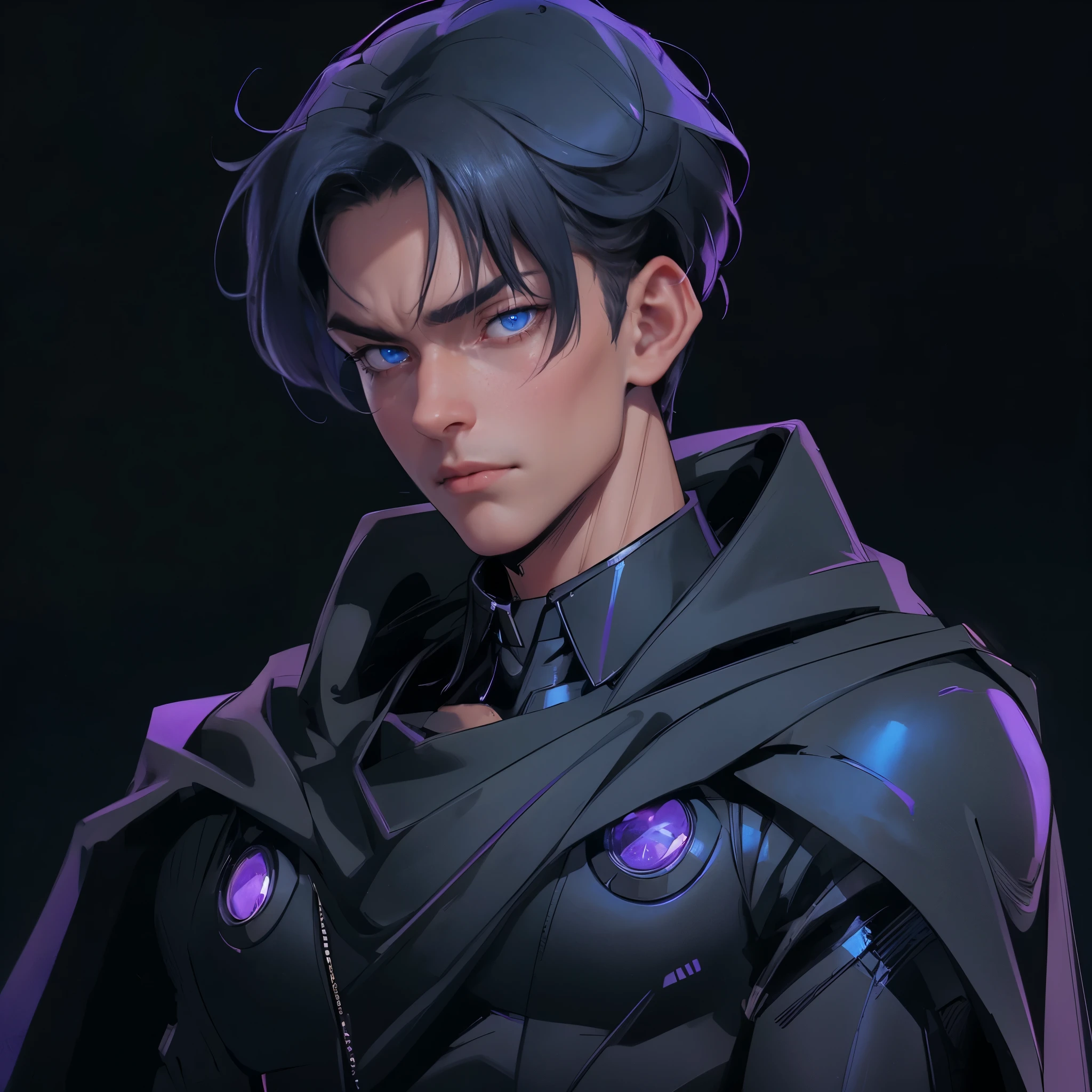 envision a 8k, highres, cinematic close up portrait of an Short man with a strong face, sleek skinny body, clean shaved, with short slick black hair, and dark blue eyes wearing a black superhero suit with purple lights and metallic attachments and a long cape that is in the shape of the moon against a dark gray background