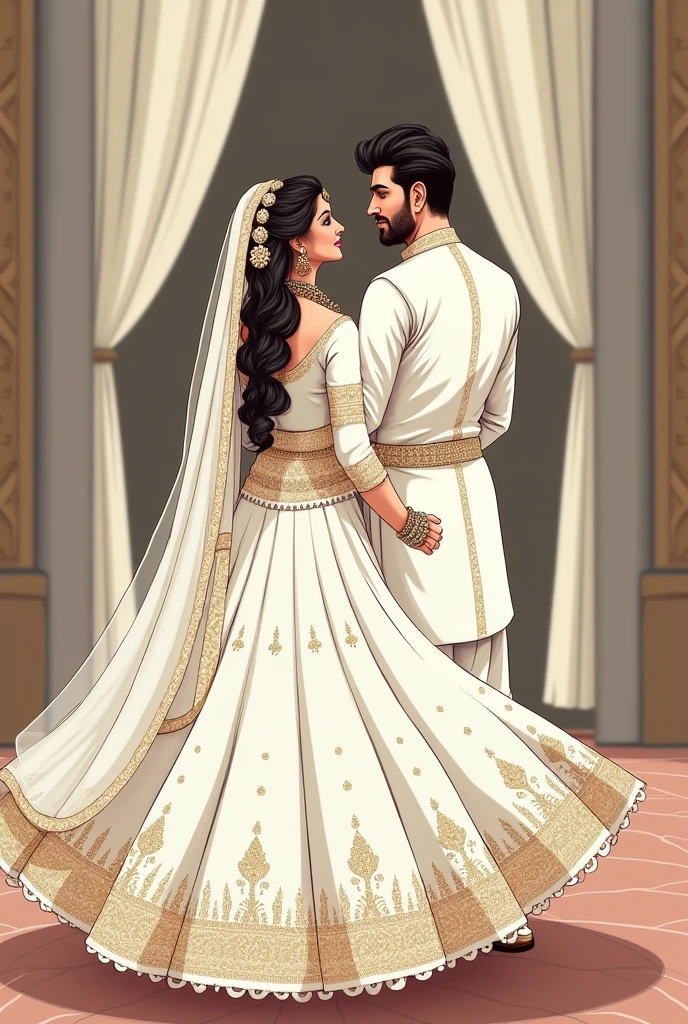 Traditional nikkah Pakistani Bride in white sharara shirt duppata and heavy jewellry and groom in white shalwar kameez waistcoat. Bride twilling in front of groom illustration bride and groom faces without features illustration of back of bride and groom

