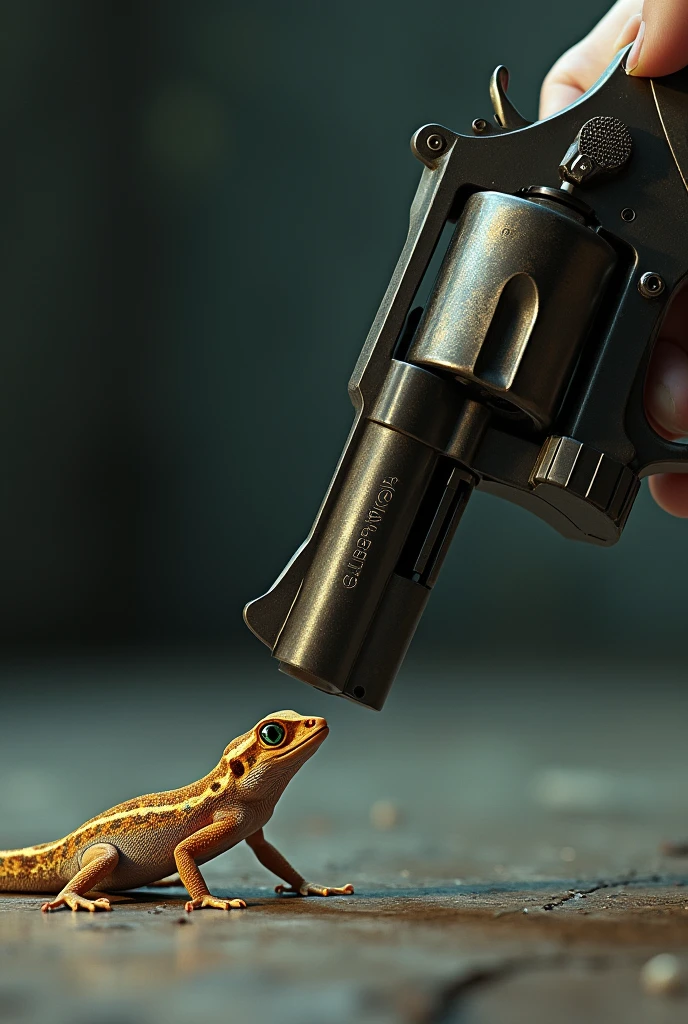 take a 38 pointed at the head of a gecko