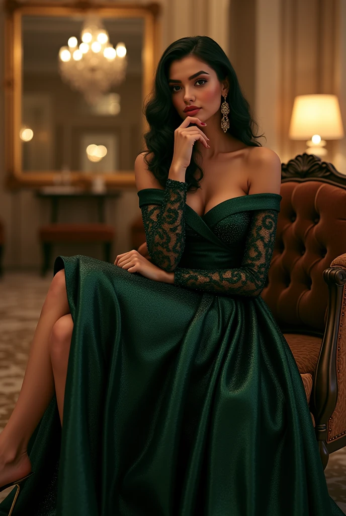 An image of a woman seated with poise in a grand interior. She crosses her right leg over her left, with a dark green sequined evening gown featuring a high slit. Her right hand touches her chin, and her left arm rests on her thigh. The gown has off-the-shoulder sleeves and a full skirt with a sequined hem. Wavy dark green hair, strong depth of field of hotel indoor background, UHD, 8K