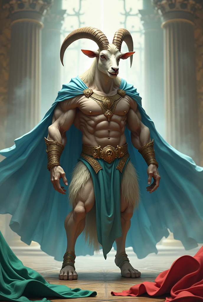 Create an image for me of a goat all muscled up in the clothes of a god wearing a light blue cape with two pennants lying on the floor, one red and one green, and on the goat's chest that says LX SUP