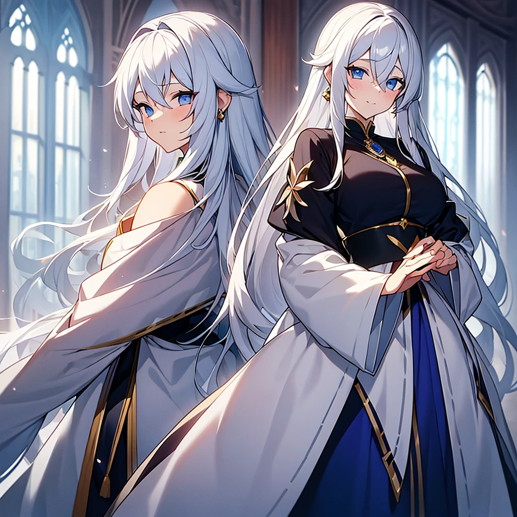 White haired girl in princess anime style, long white hair, one eye is royal blue and the other eye is yellow, and with a medieval princess dress