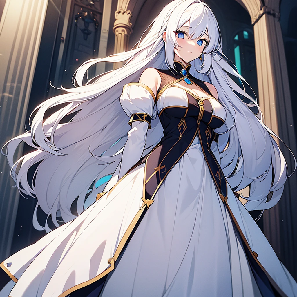 White haired girl in princess anime style, long white hair, one eye is royal blue and the other eye is yellow, and with a medieval princess dress