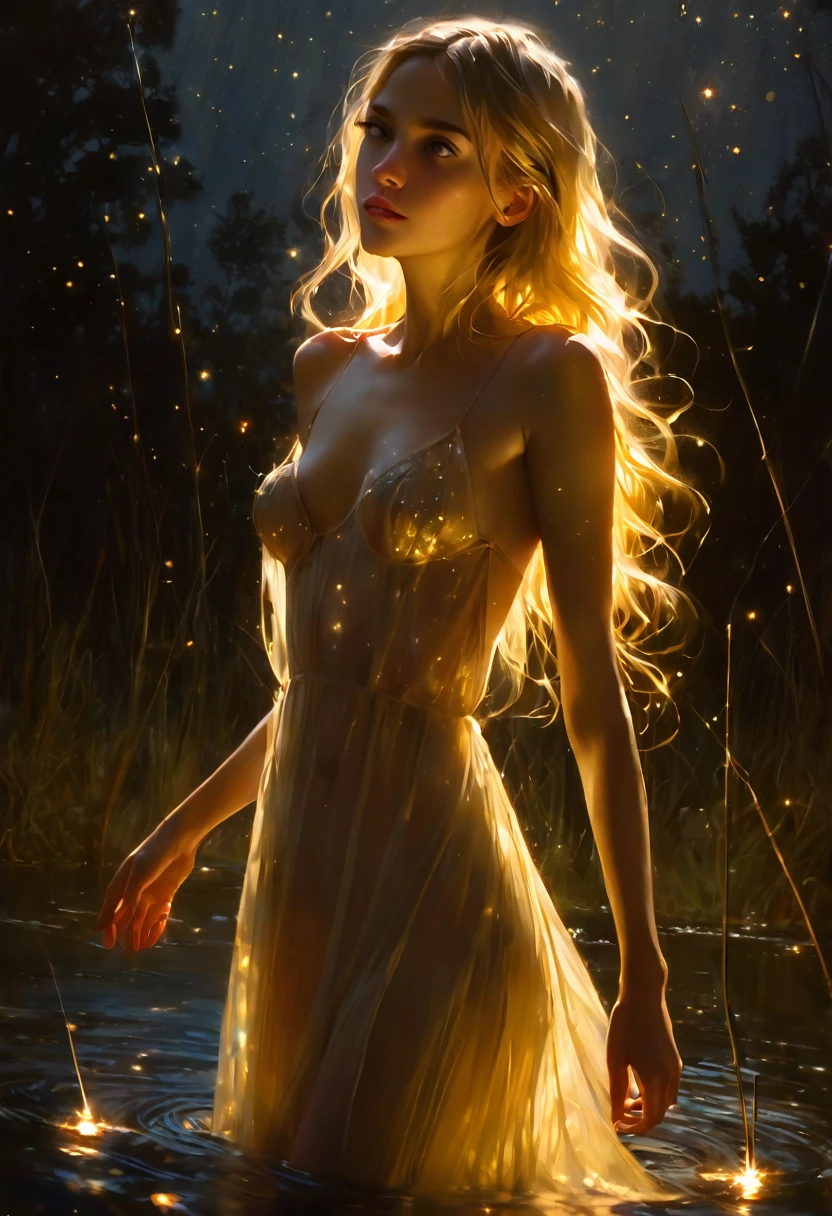 very sexy woman, slim, long hair blonde, very small breasts, sexy dress, nude tits, in a lake, a magical night with stars, eroticism, sexy, between shadows, oil painting, chiaroscuro, sensual, dramatic lighting, moody atmosphere, photorealistic, intricate details, masterpiece, ultra-detailed, high quality, 8k, best quality, realistic, cinematic, dark and brooding, expressionistic, powerful composition, emotional impact, art inspired by Bill Sienkiewicz and Dave McKean